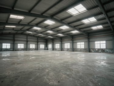 Interior of an empty industrial warehouse, concrete floor, high corrugated roof, natural light through skylights, neutral overcast tone, no people