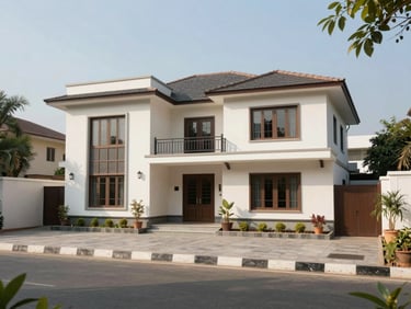 Ground-level exterior of a standalone villa in a gated community in Vadodara, clean facade, daylight, private driveway, no people