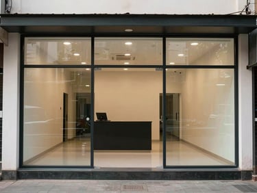 Empty retail shop interior in a commercial complex in Vadodara, shopfront glass facade, neutral overcast light, no people or merchandise
