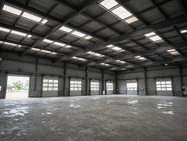 Interior of a large empty warehouse in Vadodara, high ceiling with skylights, concrete floor, loading bay doors open, overcast daylight, no people