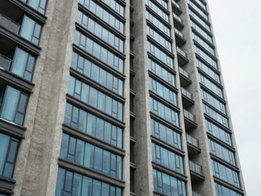 Ground-level exterior facade of a mid-rise residential apartment building in Vadodara, overcast daylight, clean concrete and glass, no people