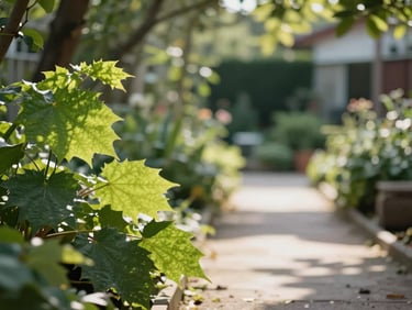 A sunlit community garden pathway with vibrant green leaves and soft focus background.