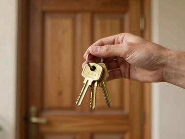 A close-up of hands holding a set of brass keys in front of a warm, sunlit wooden doorway.