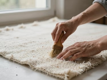 Restorer's hands gently washing a wool rug panel on a flat surface, soft north-facing window light, close-medium framing showing careful brush technique and fiber detail