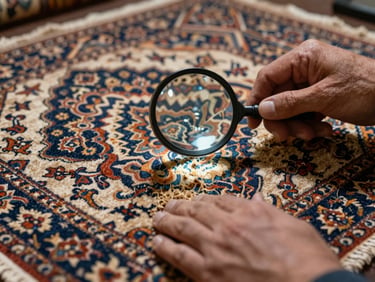Close-up of a restorer's hands inspecting a stained Persian rug under angled studio work light, magnifying the damaged area to assess dye bleed and fiber condition