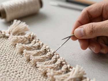 Macro photograph of rug fringe being re-knotted by hand on a neutral workshop surface, even overhead work lighting showing the precise needle and thread detail