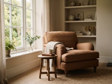 Elegant, quiet interior space with soft textures, a warm armchair near a window with gentle morning light streaming in, shallow depth of field, warm linen and clay tones.
