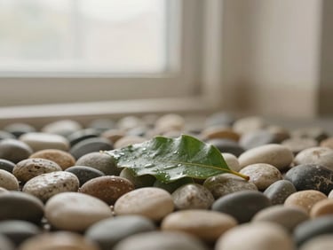 A single green leaf resting on a smooth wet pebble, soft natural light, minimalist and calm.
