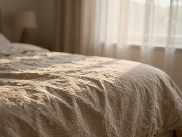 Close-up of textured warm linen fabric catching gentle golden hour light, peaceful and quiet atmosphere.