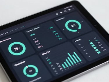 Close-up of a dark-mode business dashboard on an Android tablet, crisp data visualizations, neon-cyan highlights.