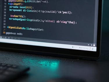 Macro shot of a high-resolution screen displaying clean Kotlin code, cool-toned studio lighting with a subtle neon cyan glow reflecting on a slate desk.