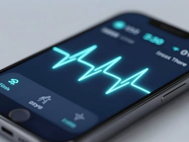 Macro shot of a fitness tracking interface on a smartphone screen, glowing heart-rate wave, cool studio lighting.