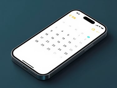 Overhead view of a modern smartphone showing a clean family calendar app interface, soft neon accents.