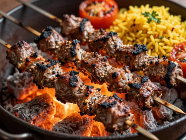 Charcoal-grilled lamb kebabs on skewers over glowing embers, served with fragrant saffron rice and grilled tomatoes, warm editorial style, shallow depth of field