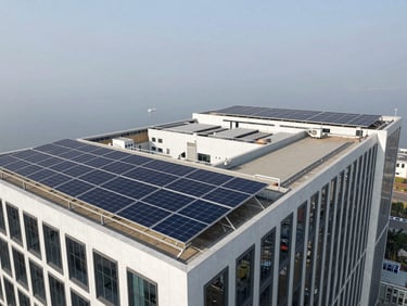 Wide architectural angle of a modern commercial office building in Baner with a sleek rooftop solar array.
