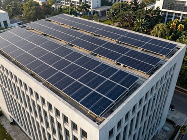 Drone architectural shot of a perfectly aligned rooftop solar array on a corporate building in Baner, crisp morning light.
