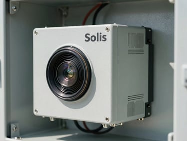 Close-up of heavy-duty Solis inverters mounted on a clean, professionally wired electrical panel, bright midday sun.
