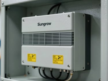 Close-up of a heavy-duty industrial Sungrow inverter mounted on a clean, professionally wired electrical panel with neat conduits and safety labels