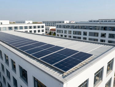 Wide shot of a clean, modern educational campus rooftop with solar panels installed on wind-load certified aluminum structures.