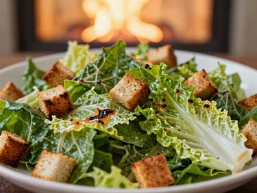 Close-up of a vibrant Caesar salad with charred romaine leaves and crunchy croutons, under golden-hour window light, shallow depth of field, 35mm.