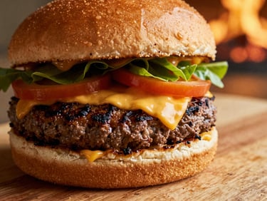 Close-up of a gourmet burger with melted cheese, fresh vegetables, and a char-grilled patty, on a wooden board, warm golden-hour light, shallow depth of field, 35mm.