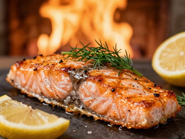 Tight macro shot of a grilled salmon fillet with crispy skin and flaked flesh, garnished with dill and lemon, warm firelight, shallow depth of field, 35mm.