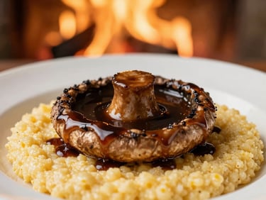 Medium shot of a smoked portobello mushroom with a glossy balsamic glaze, on a bed of polenta, warm firelight, shallow depth of field, 35mm.