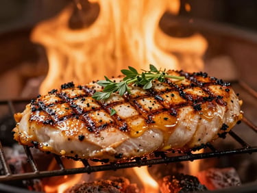 Medium shot of a succulent grilled chicken breast with visible grill marks, garnished with fresh herbs, warm high-contrast firelight, shallow depth of field, 35mm.