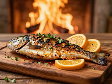 Medium shot of a whole grilled fish, garnished with fresh herbs and citrus, on a rustic wooden board, warm golden-hour light, shallow depth of field, 35mm.