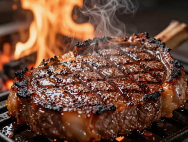 Tight macro shot of a perfectly grilled ribeye steak with prominent char marks, glistening juices, and rising steam, under warm firelight, shallow depth of field, 35mm.