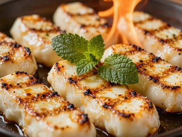 Tight macro shot of grilled halloumi cheese with distinct char marks, garnished with fresh mint, warm high-contrast firelight, shallow depth of field, 35mm.
