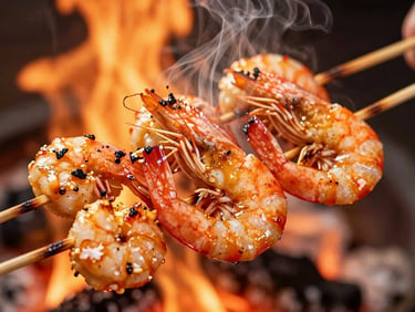 Close-up of three grilled shrimp skewers with prominent char marks, vibrant colors from marinade, and rising steam, under warm firelight, shallow depth of field, 35mm.