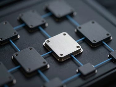 Macro crop of a dark mode node-based user interface, subtle blue lines connecting clean gray modules, sharp low-key studio lighting, depth of field.