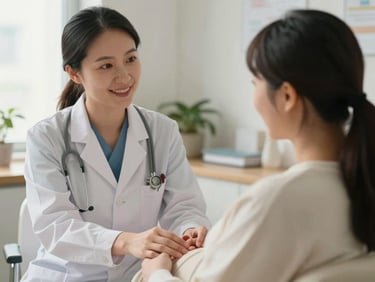 Close-up of a warm interaction between a pregnant mother and her female gynecologist in a soft-lit, comfortable office environment, natural daylight.