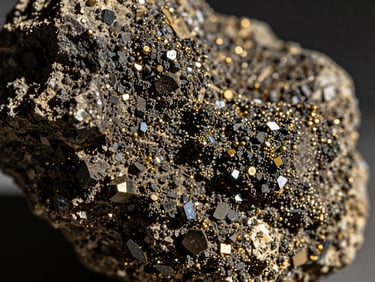 Macro shot of dark tantalite ore, metallic crystalline structure, sharp highlights, 35mm industrial photography.