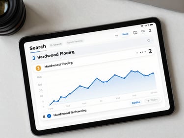 Overhead flat-lay of a search rankings dashboard on a tablet screen, showing keyword position movement from page 3 to position 2 for hardwood flooring terms, clean desk surface, north-facing daylight