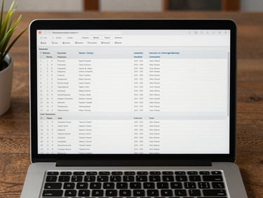 Overhead flat-lay of a multi-location ranking report spreadsheet on a laptop, showing keyword clusters for tile and carpet categories across four store locations, north-facing daylight, organized desk surface