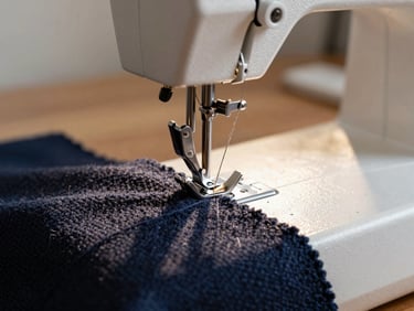 Macro shot of a professional sewing machine needle stitching dark navy wool fabric, warm sunlight highlighting the texture of the threads, precise and clean composition.