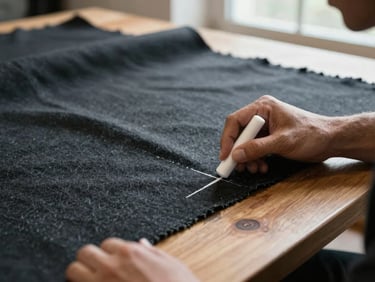 Close-up of tailor's hands marking dark charcoal wool fabric with white tailor's chalk on a clean wooden work table, natural daylight from a window