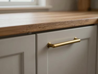 Close-up detail shot of a finished kitchen joinery under soft overcast window light, matte lacquered cabinet door with brushed brass handle, visible grain on oak countertop edge, precise mitered corner joint, no people, shallow depth of field on the hardware