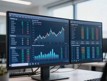 Modern corporate workspace, close-up of a digital dashboard displaying financial charts and data, bright natural daylight, deep blues and cool tones, sharp focus, 35mm lens
