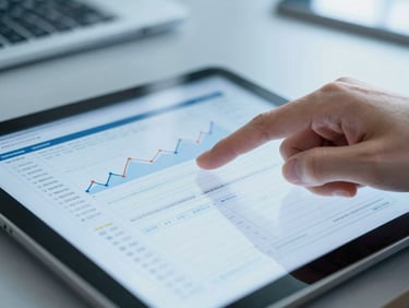 Close-up of a hand pointing at a detailed financial report on a tablet, modern office setting, natural light, deep blues, sharp focus