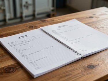 Documentary close-up of shipping documents and a handwritten traceability ledger on a wooden desk, warm tungsten side light, a container door visible slightly out of focus in the background