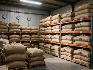 Wide environmental shot of an organized warehouse shelf with labeled jute sacks under tungsten light, humidity gauges visible on the wall, no people, early morning atmosphere
