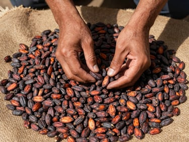 Close-up overhead documentary shot of hands sorting dried cacao beans on a burlap surface, natural north-facing daylight, fermentation gradients visible across the beans