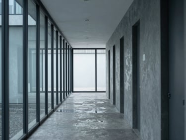Architectural lines of a quiet modern office corridor with glass partitions, soft daylight reflecting on polished concrete, minimalist corporate photography