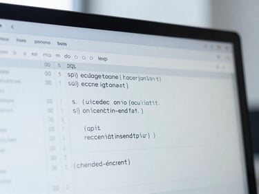Macro close-up of a high-contrast monitor screen displaying structured SQL code and clean data tables, cool diffused office lighting