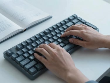 Hands typing on a clean mechanical keyboard next to a notebook with structured diagrams, soft overcast daylight, cool slate blue tones