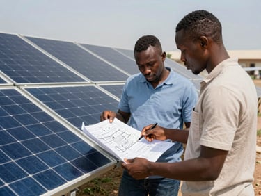 Medium shot of West African engineers discussing schematics around a solar panel array, bright natural daylight, technical blueprint focus, 35mm.
