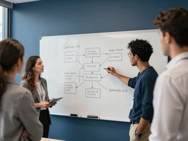 Modern collaborative workspace in Washington DC, diverse team discussing a system diagram on a whiteboard, bright daylight, 35mm